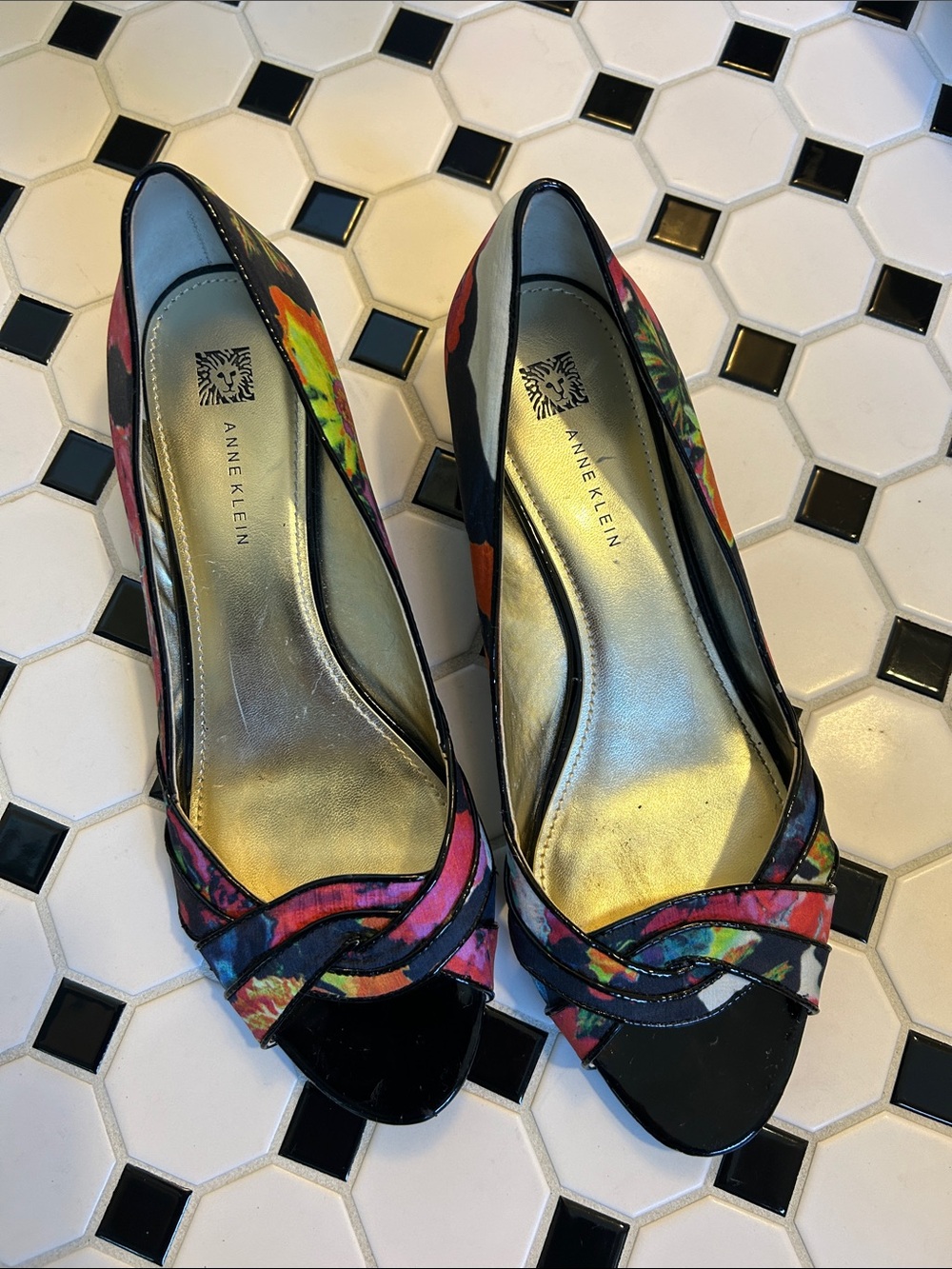 Anne Klein Black Floral Peep-Toe Flats with Multicolor Accents